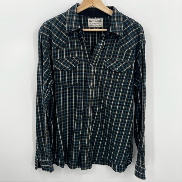 Cody James M Flannel Blue Tan Plaid Pearl Snap Western Shirt - Picture 1 of 11